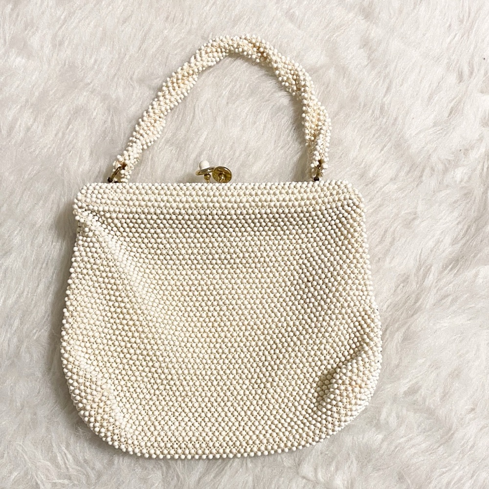 1960s MCM Lumured Corde-Bead White Beaded Handbag w/Handle Evening Bag Purse USA - Picture 2 of 5